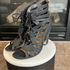 Call It Spring Lace Up Strappy Black 4’ Block Heels with Chrome Detail Size 9